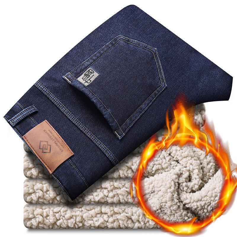 Winter Lamb Velvet Fleece-Lined Jeans Men'S Loose Straight Business Thickened Warm Casual Trendy Pants - Image 5